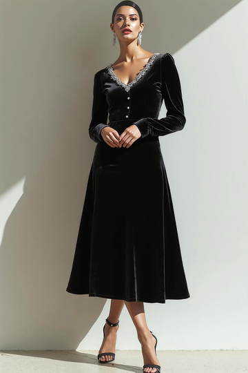 Black Velvet A Line V-Neck Maxi Holiday Party Dress with Long Sleeves